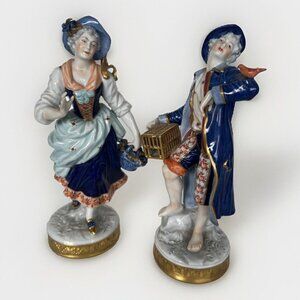 2 Vintage German Porcelain  Volkstedt Figurines Man With Bird, Woman With Basket